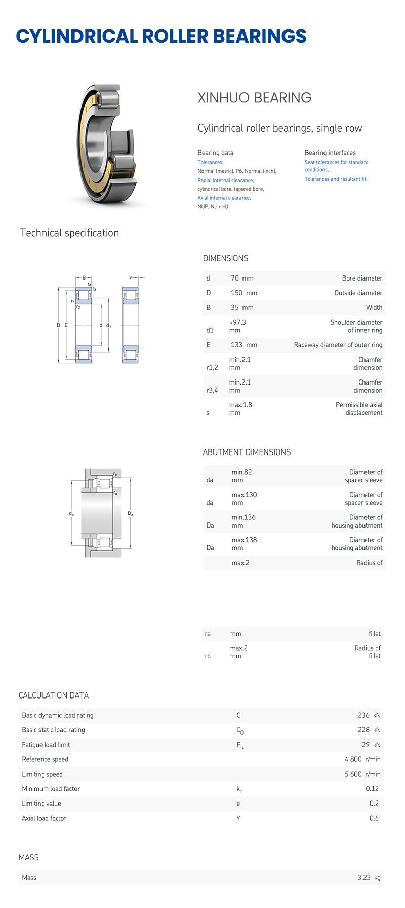 Xinhuo Bearing China Self Lubricating Bearing Own Brand Micro Ball Bearings N314e Single Row Cylindrical Roller Bearing