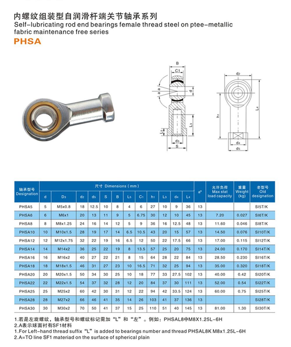 Complete Specifications, Factory Direct Universal Joint Ball Head Phsa Fisheye Rod End Joint Bearings