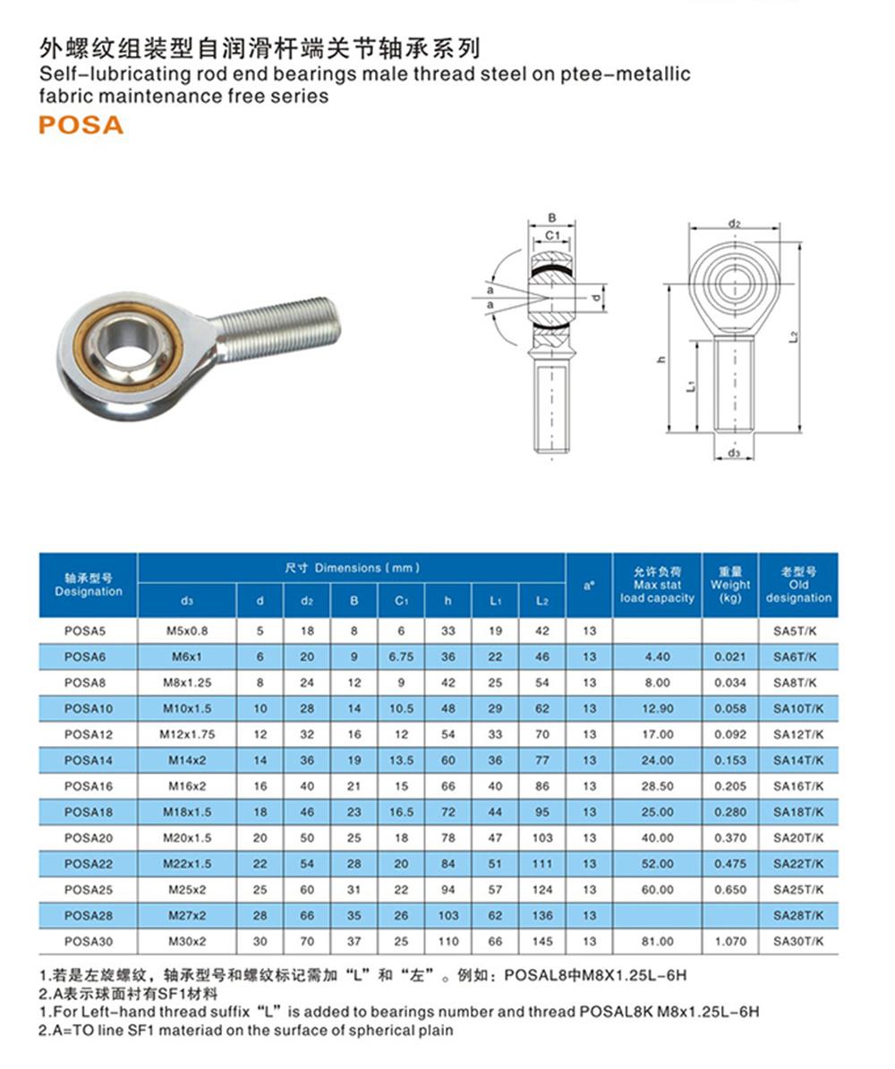 Assembly Type Rod End Plain Bearing Posa External Thread Bearing Centroid Joint