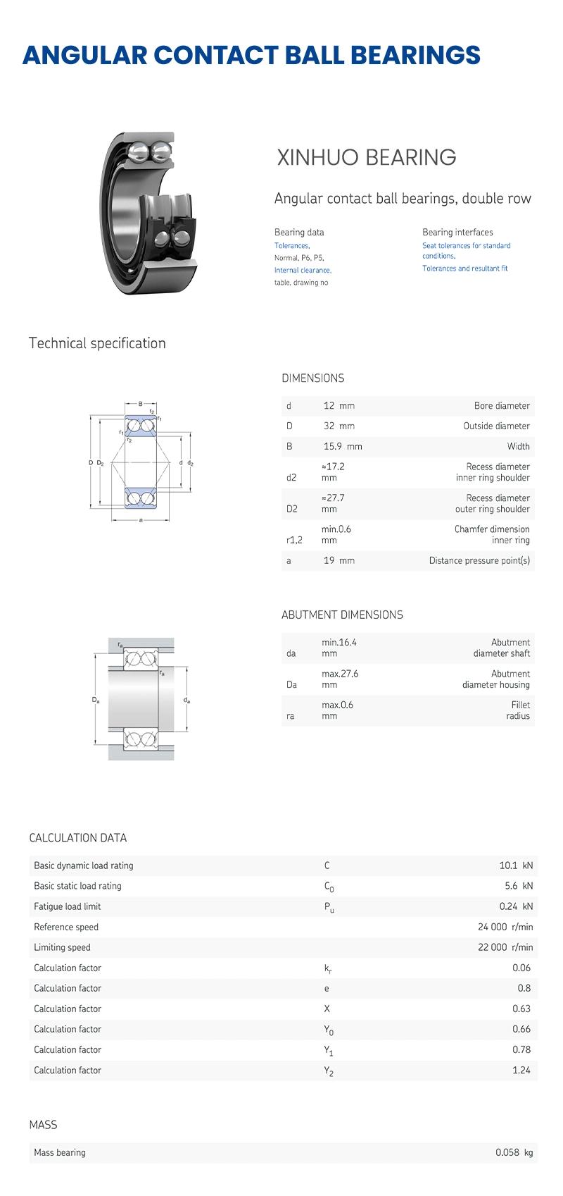 Xinhuo Bearing China Angular Contact Ball Bearing Factory Custom Auto Bearing Gcr15 Double Row Angular Contact Ball Bearing