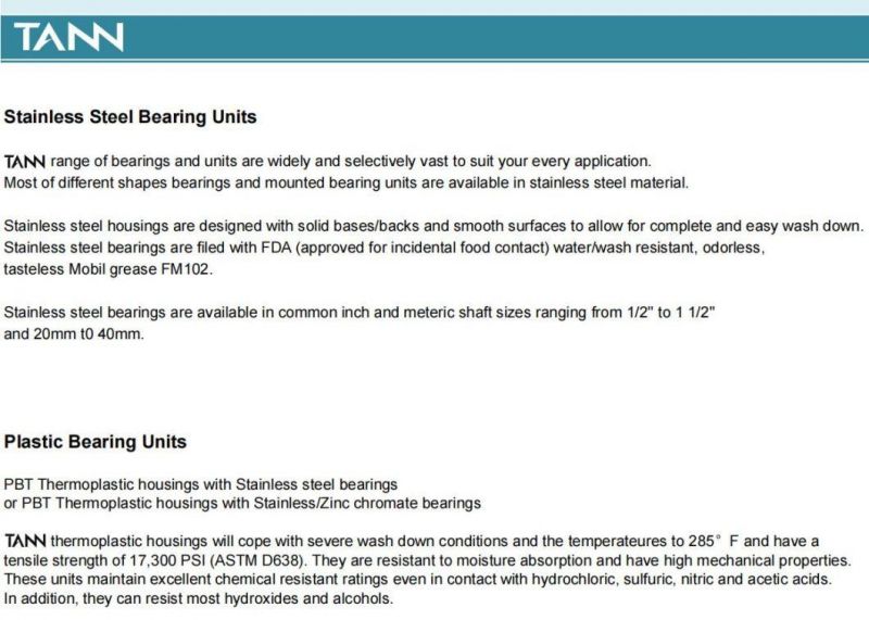 TANN All Series P/PAS/FT/FB/F/HA/T Plastic/Thermoplastic Bearing Unit