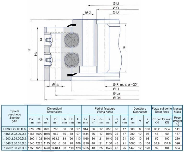 Torriani Gianni (TG) Double Row Ball Slewing Ring Bearing with Internal Gear Teeth (I. 973.2.22.00. D. 6)
