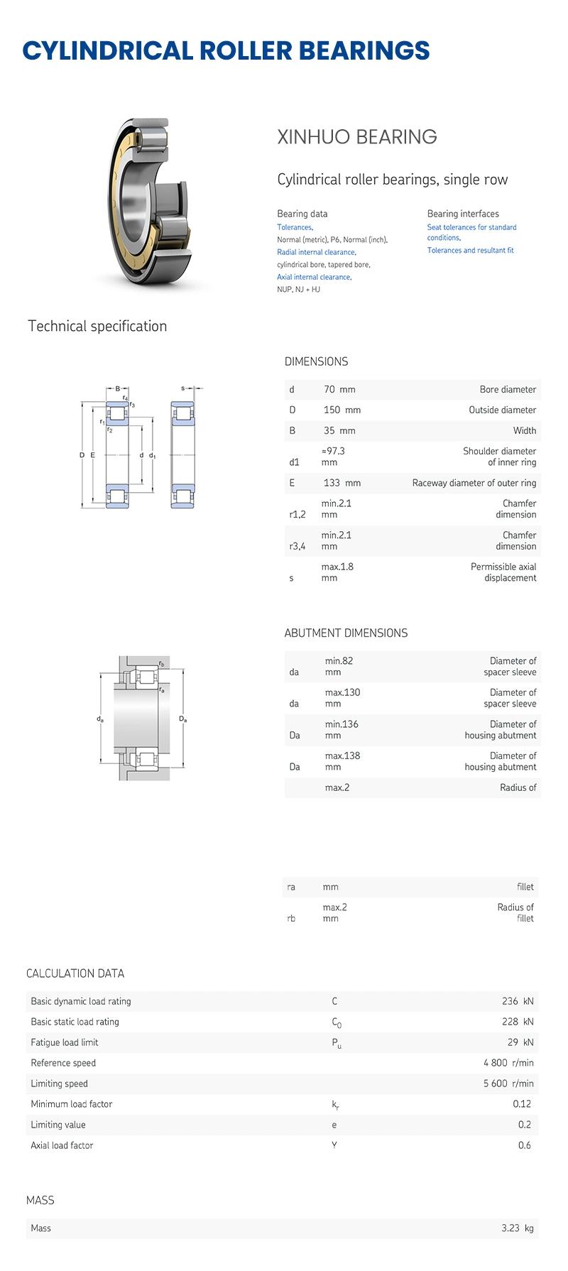 Xinhuo Bearing China Shaft Bearing OEM 12mm Od Bearing Nu218e Cylindrical Roller Thrust Bearing