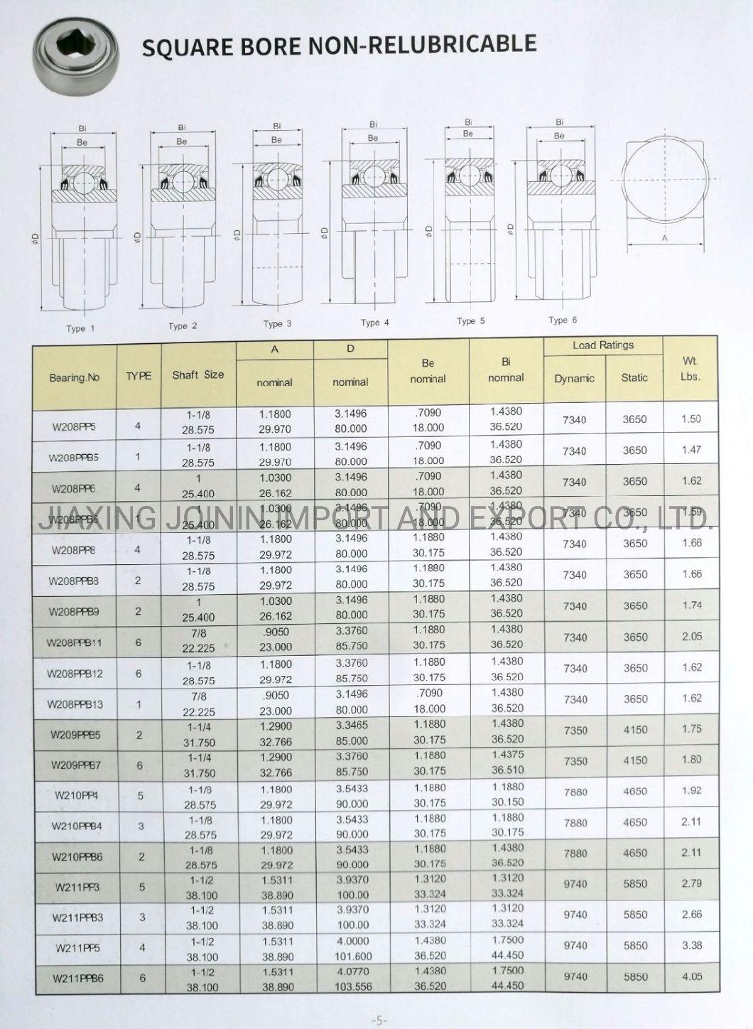 Heavy Duty Square Bore Agricultural Machinery Bearing W211PP3 W211ppb3 W211PP5 W211ppb6 High Quality Non-Relubricable Farm Machinery Bearing