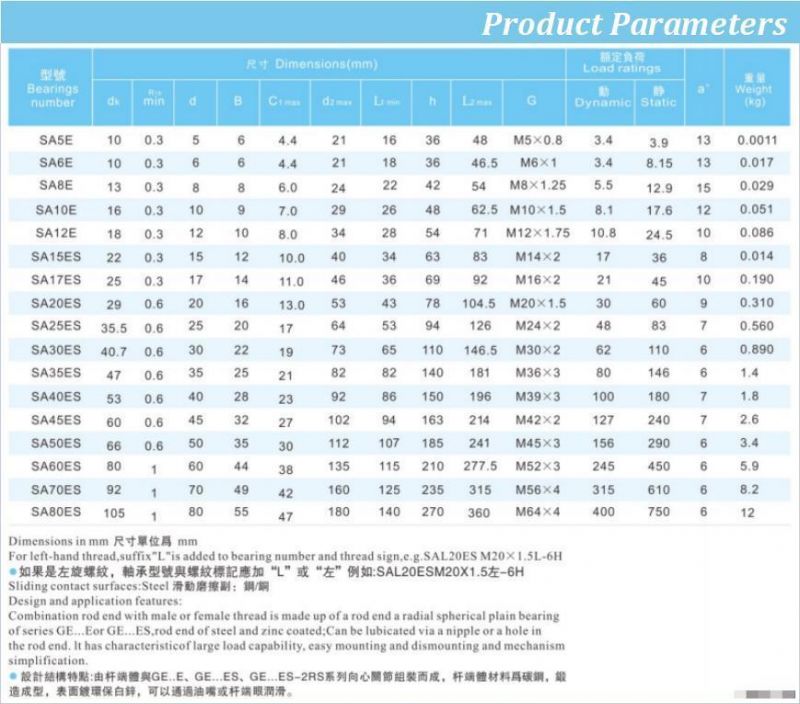 All Types Spherical Plain Bearing Machined Stainless Steel Joint Left and Right Combination E Series Rod Ends (SA5E)