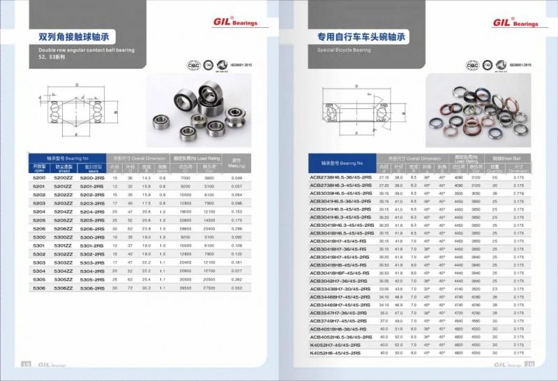 GIL ACB2738H6.5-36/45-2RS Sealed Headset Bearing Angular Contact Ball Bearing